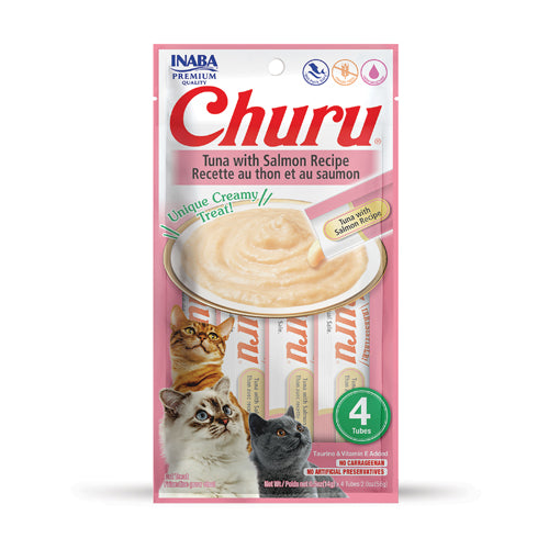 Envase INABA Churu para gatos sabor atún con salmón, pack de 4 tubos