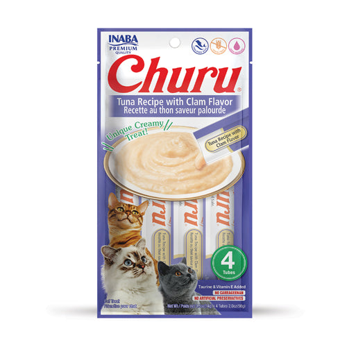 Envase INABA Churu para gatos sabor atún con almeja, pack de 4 tubos