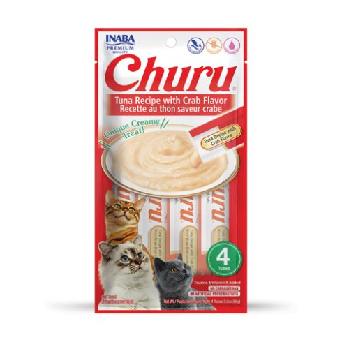 Envase INABA Churu para gatos sabor atún con cangrejo, pack de 4 tubos