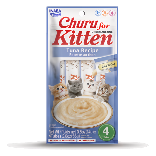 Envase INABA Churu Kitten sabor atún, pack de 4 tubos
